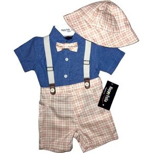 Happy Fella Baby Boy 12 Mos Suspender Outfit Set Denim Shirt Plaid Hat Short NWT